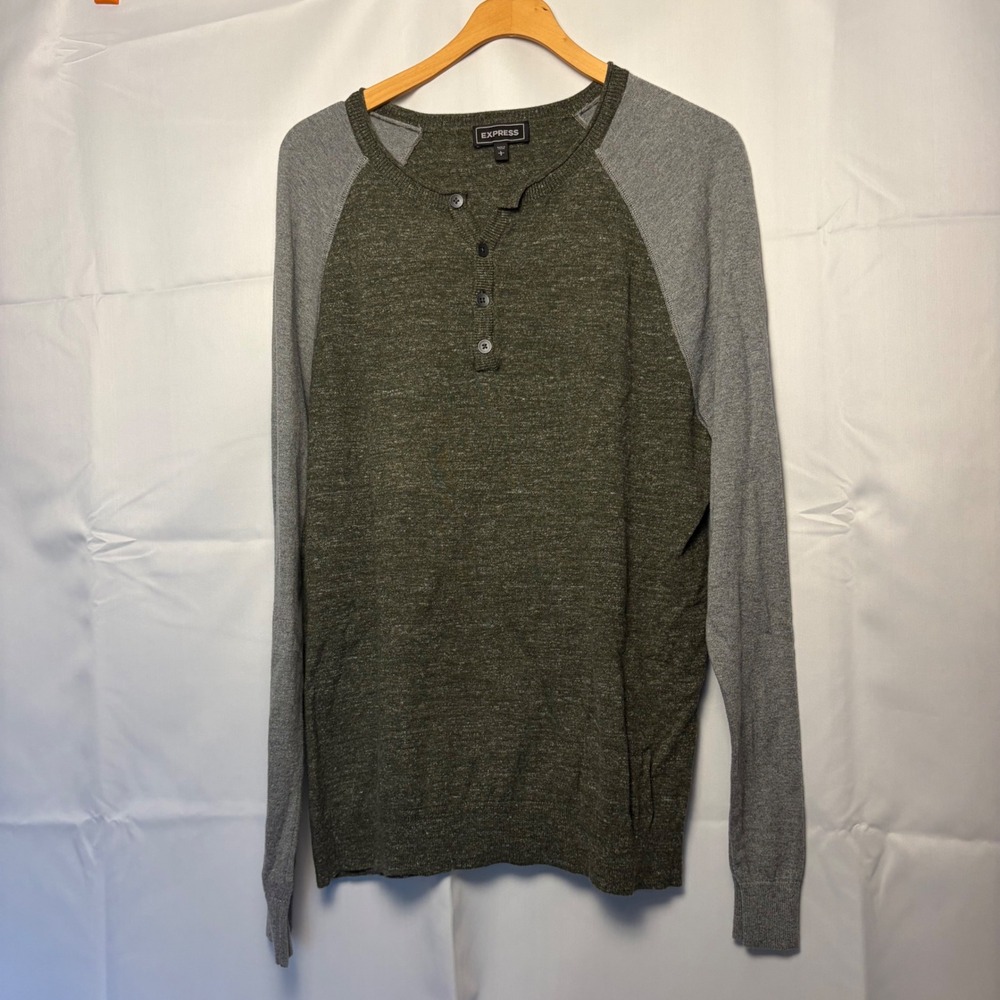 Express Mens Henley Sweater Large Olive Green Grey Raglan Long Sleeve 90145